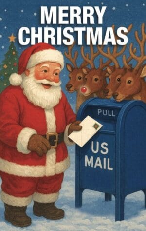 #MC25 – Santa & Reindeer “Merry Christmas” Postcard