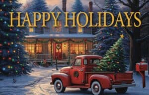 #GS25 - Red Truck with Tree "Happy Holidays" Postcard